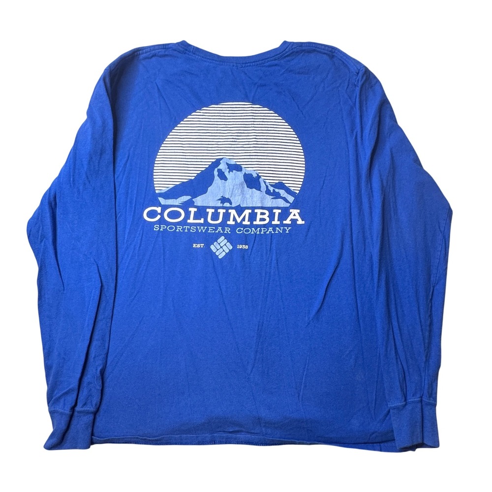 Columbia T-Shirt Mens L Blue Long Sleeve Mountain Graphic Outdoor Crew Neck
